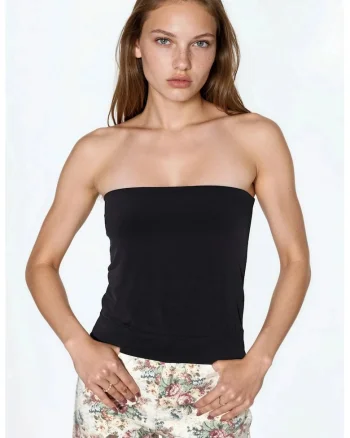 Top scurt,  fara bretele, elastic, negru, bumbac-poliester