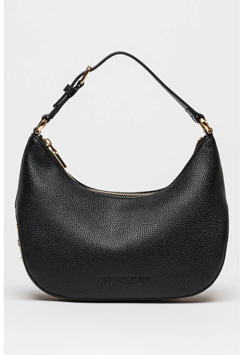 Geanta de piele ecologica cu bareta de umar si logo metalic, Negru