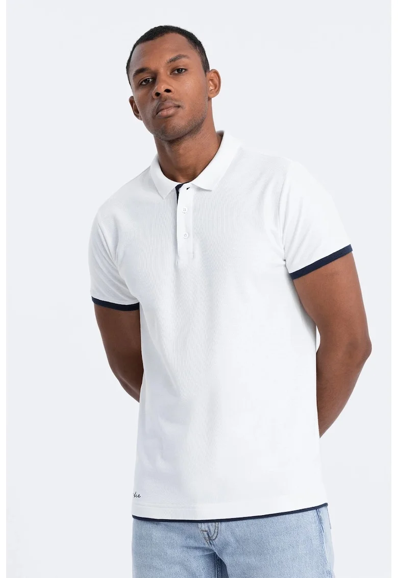 Tricou polo din bumbac pique, Alb optic