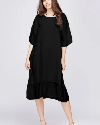Rochie midi din in neagra cu volane din matase si funda pe spate