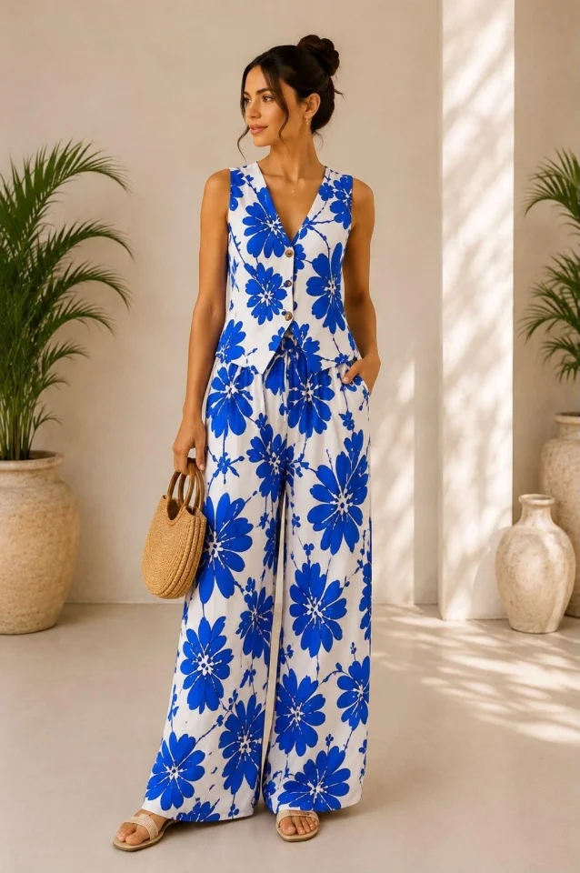 Compleu vaporos Arioso, imprimeu mediteranean, pantaloni palazzo si vesta, Albastru Royal