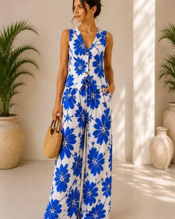 Compleu vaporos Arioso, imprimeu mediteranean, pantaloni palazzo si vesta, Albastru Royal