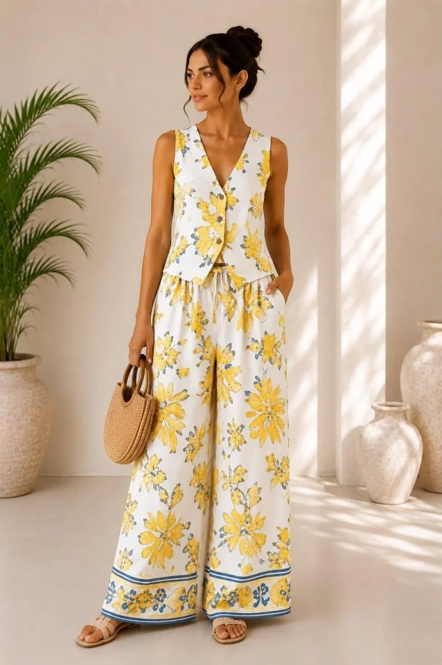 Compleu vaporos Arioso, imprimeu mediteranean, pantaloni palazzo si vesta, Galben