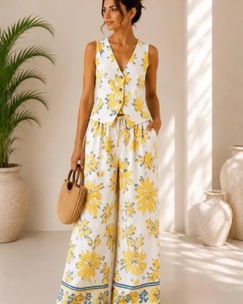 Compleu vaporos Arioso, imprimeu mediteranean, pantaloni palazzo si vesta, Galben