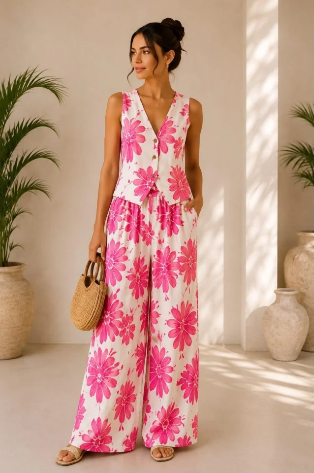 Compleu vaporos Arioso, imprimeu mediteranean, pantaloni palazzo si vesta, Roz