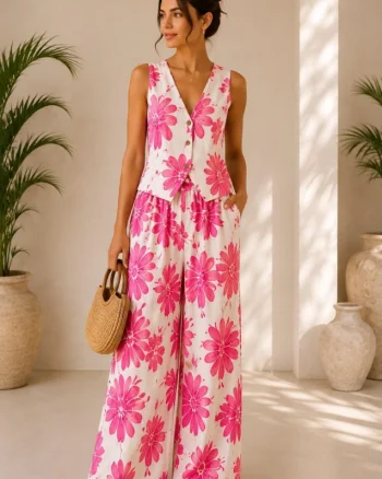 Compleu vaporos Arioso, imprimeu mediteranean, pantaloni palazzo si vesta, Roz