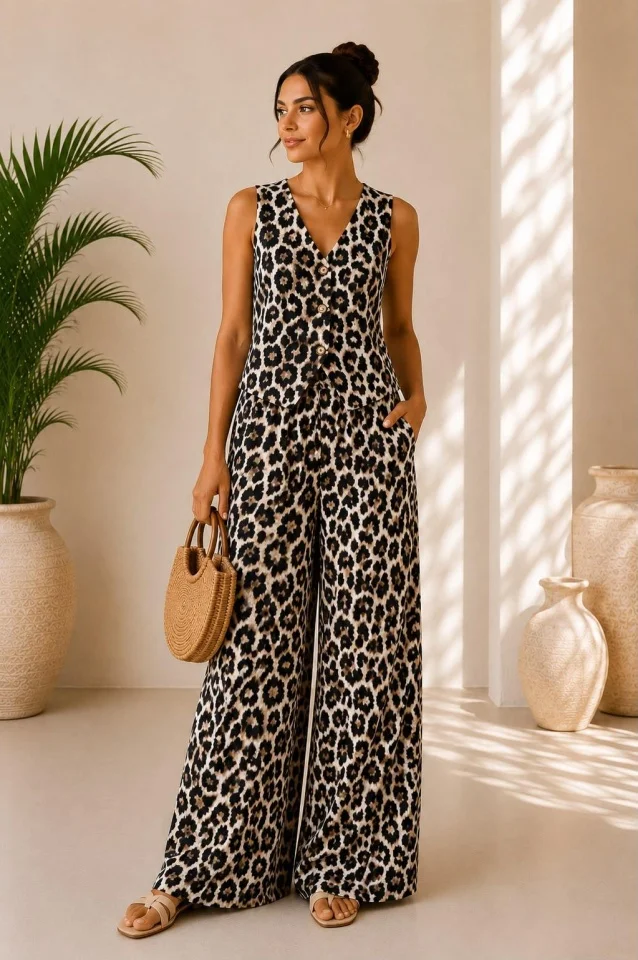 Compleu vaporos Arioso, animal print, pantaloni palazzo si vesta, Bej