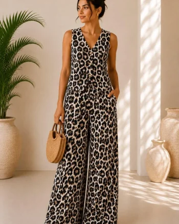 Compleu vaporos Arioso, animal print, pantaloni palazzo si vesta, Bej