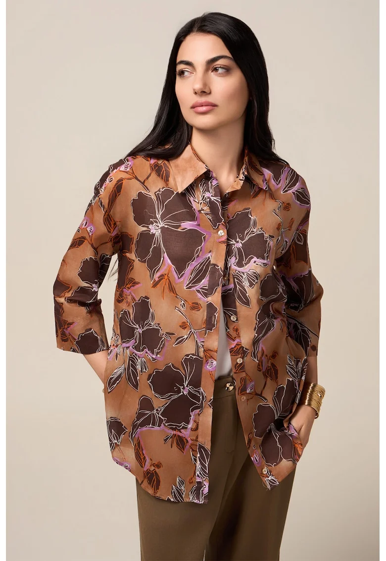 Camasa cu model floral si maneci 3/4, Maro/Lila