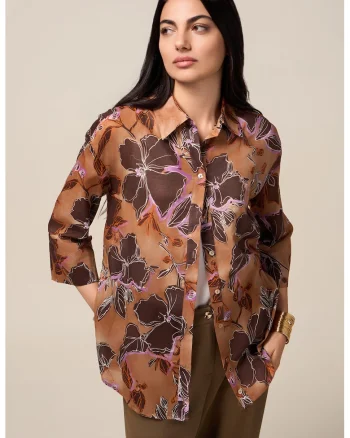Camasa cu model floral si maneci 3/4, Maro/Lila