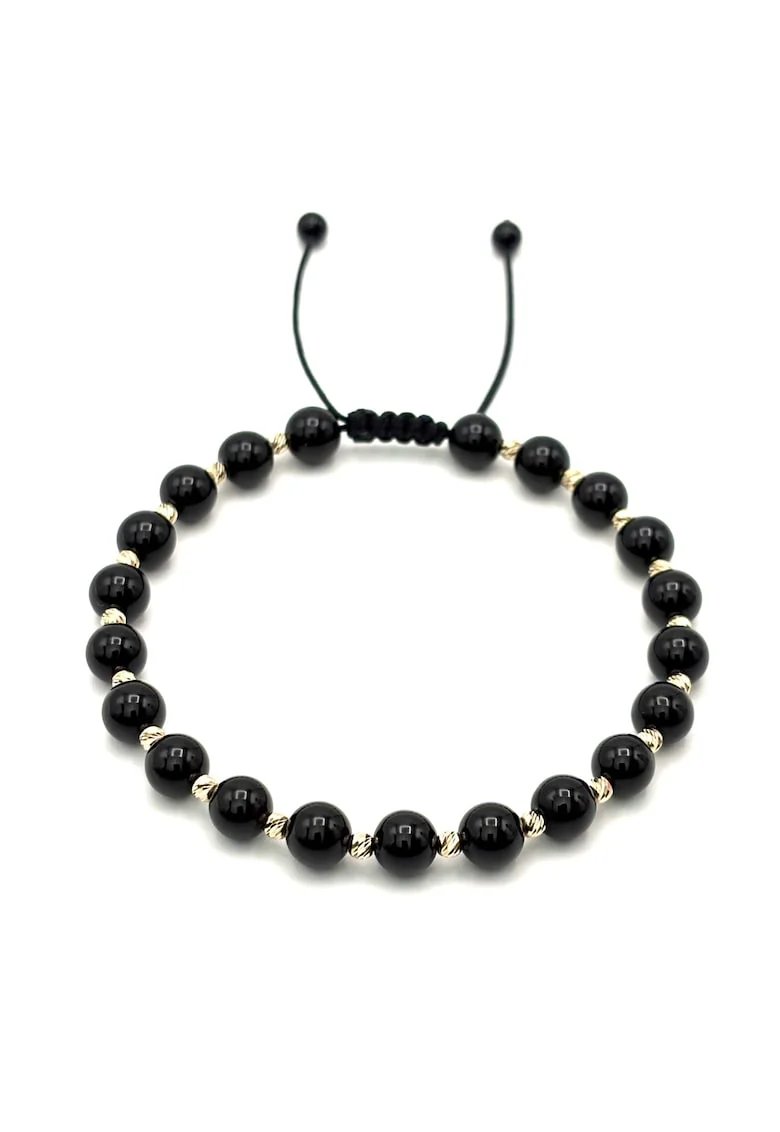 Bratara cu 20 bile din AUR 14K si pietre naturale Onix de 6mm, snur reglabil, barbat
