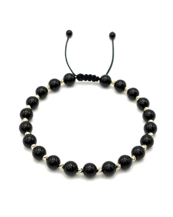 Bratara cu 20 bile din AUR 14K si pietre naturale Onix de 6mm, snur reglabil, barbat