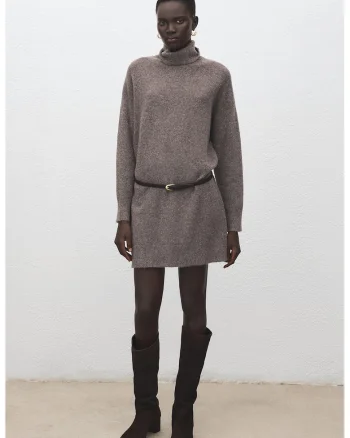 Rochie din amestec de lana cu maneci lungi, Maro taupe