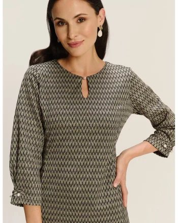 Rochie scurta din amestec de modal cu model si buzunare laterale, Negru/Bej deschis