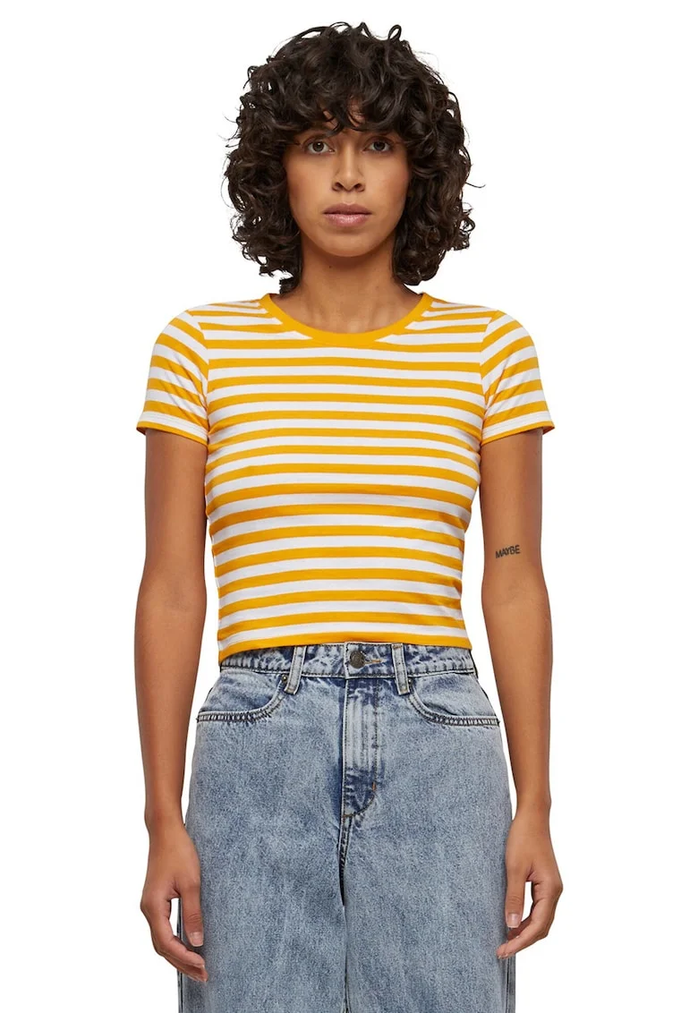 Tricou crop cu model in dungi, Alb/Portocaliu