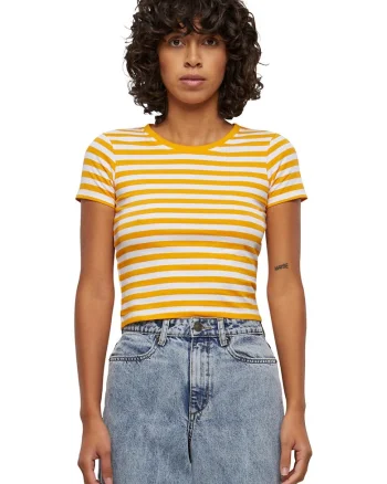 Tricou crop cu model in dungi, Alb/Portocaliu