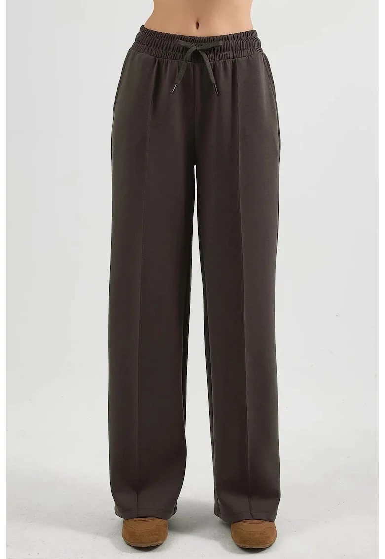 Pantaloni dama  talie elastica, maro, textil, Maro