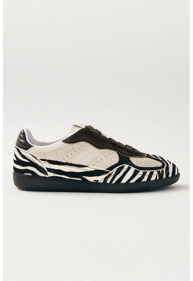 Pantofi sport de piele cu par scurt si piele intoarsa, Alb fildes/Negru stins