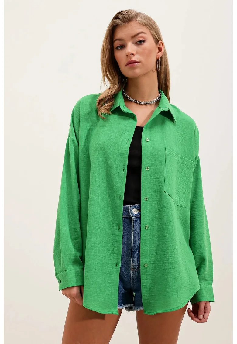 Camasa basic HiCCUP, detaliata, verde, din amestec de in