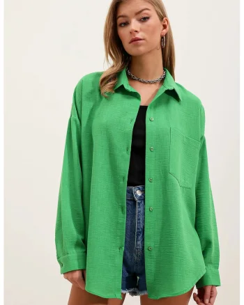 Camasa basic HiCCUP, detaliata, verde, din amestec de in