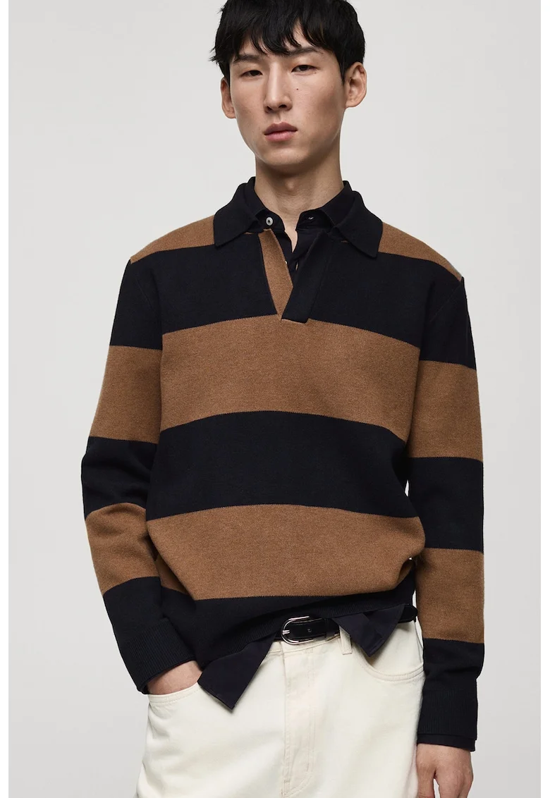 Pulover polo cu dungi, Negru/Maro scortisoara