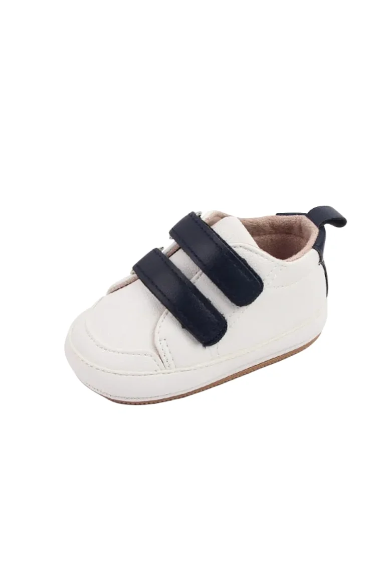 Pantofi Sport  Cu Barete Negre, Casual, Piele ecologica, Baieti, Velcro, Alb
