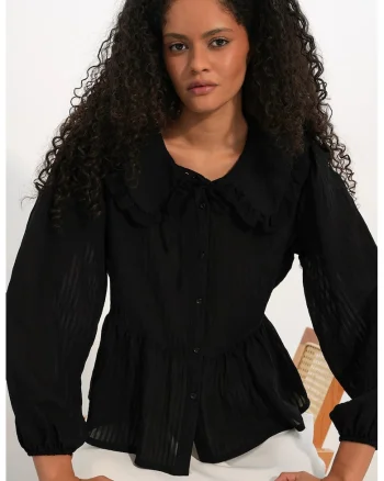 Bluze, Femei, Bluza BDART pentru femei din amestec de viscoza cu guler tip „baby collar”, Negru, S INTL,