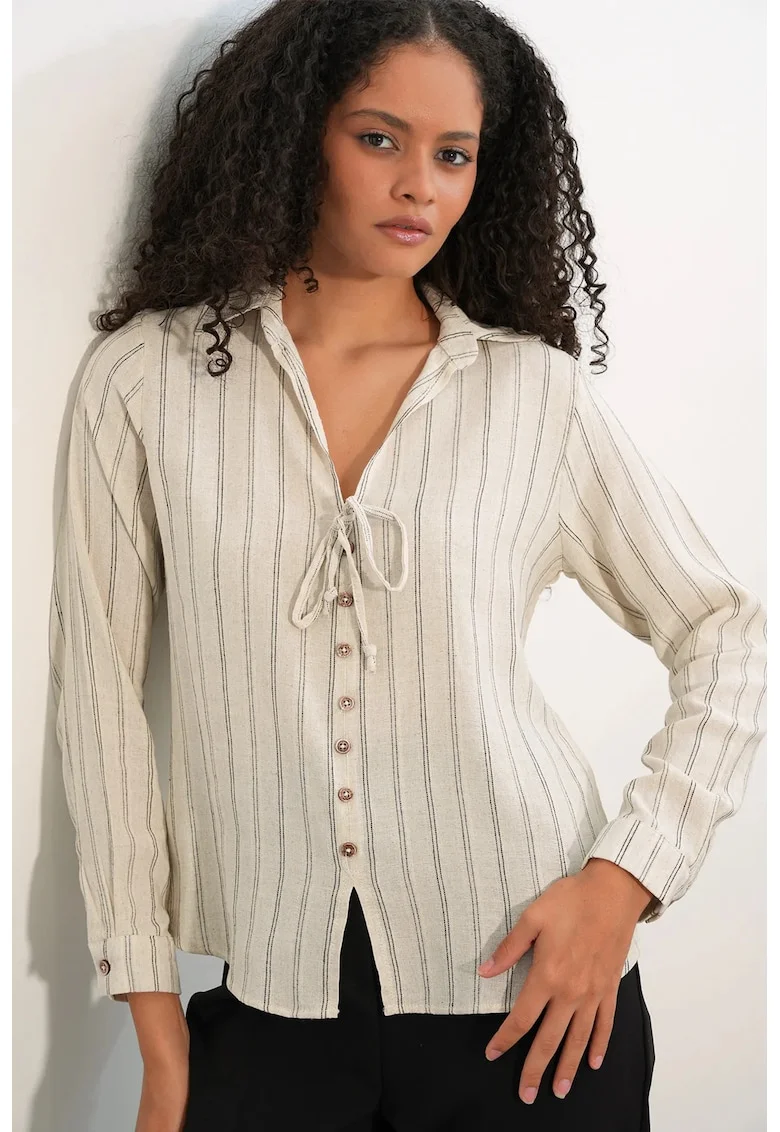 Camasi dama,  camasa din amestec de in cu dungi, crem natural, casual, maneca lunga,