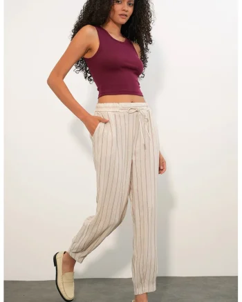 Pantaloni dama,  jogger, dungi, oatmeal natural, amestec de in,