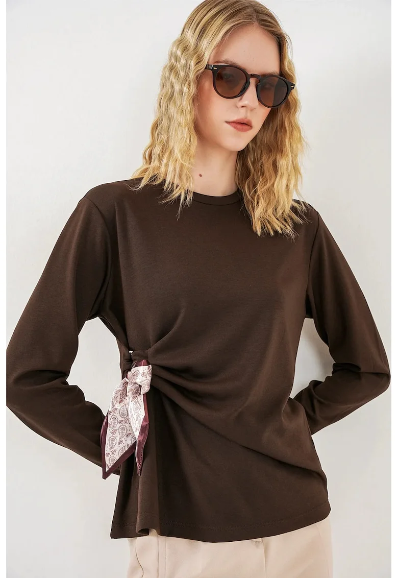 Bluze dama,  Bluza cu maneca lunga, detalii cu snur, maro cafea, viscoza/poliester/elastan,