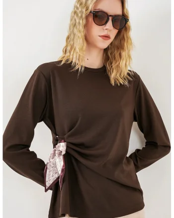 Bluze dama,  Bluza cu maneca lunga, detalii cu snur, maro cafea, viscoza/poliester/elastan,