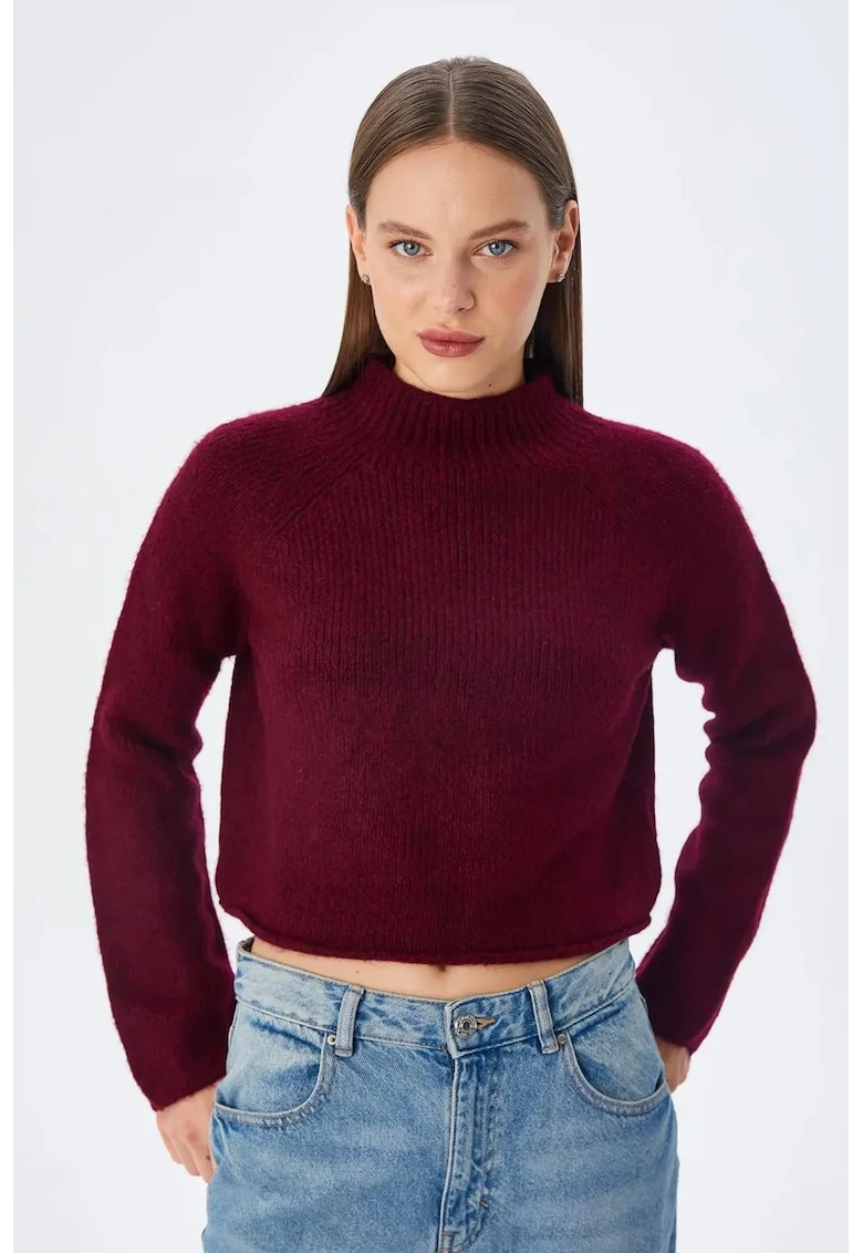Pulover scurt,  tricotat texturat, rosu burgundy, acrilic si poliester,