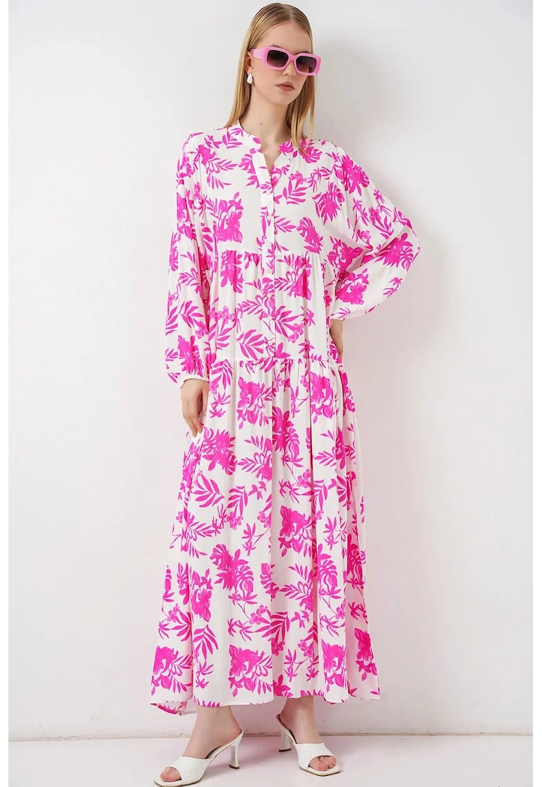 Rochie Maxi,  Etnic, Roz Garoafa, Viscoza, Maneci Lungi,