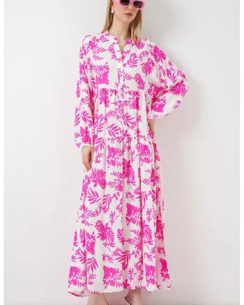 Rochie Maxi,  Etnic, Roz Garoafa, Viscoza, Maneci Lungi,