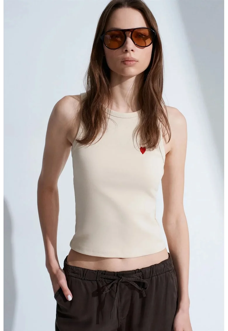Bluza dama,  bluza din jerseu brodata, casual, bej natural, 95% bumbac