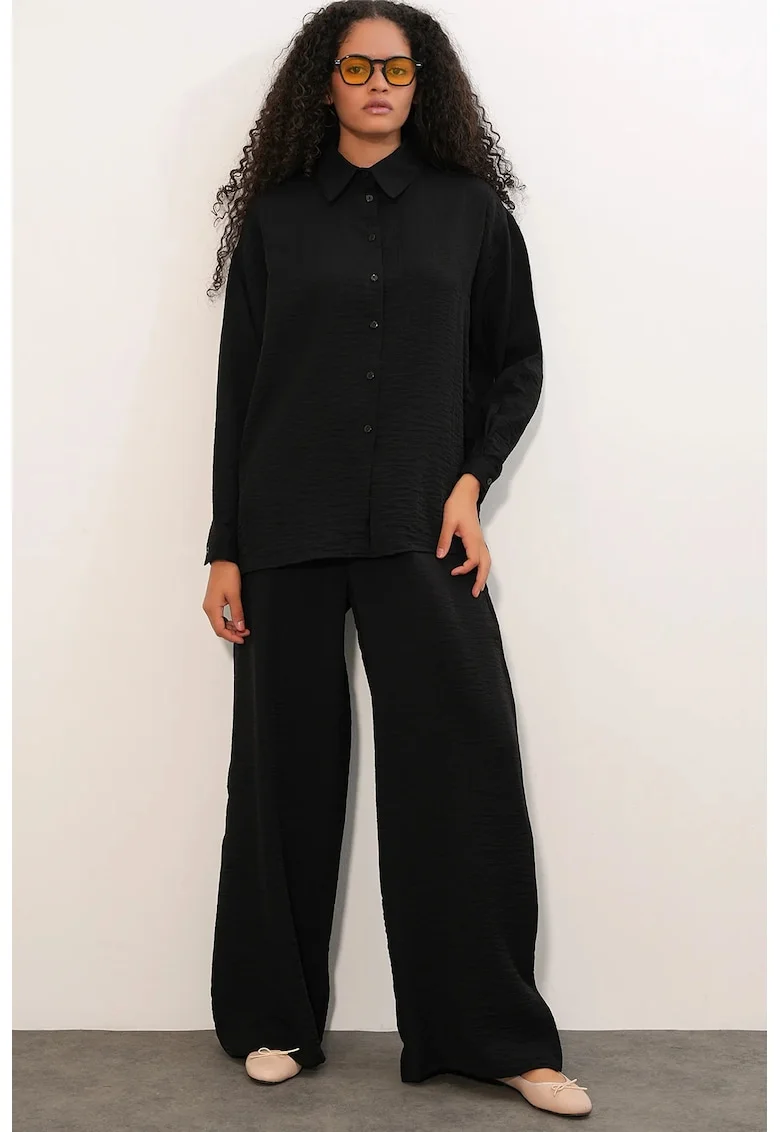 Camasi dama,  camasa cu maneca lunga, casual, negru, poliester-viscoza