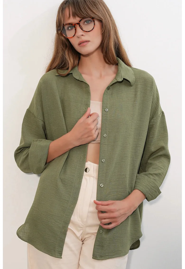 Camasi dama,  camasa brodata cu maneca lunga, verde salvie, 70% viscoza, 30% in