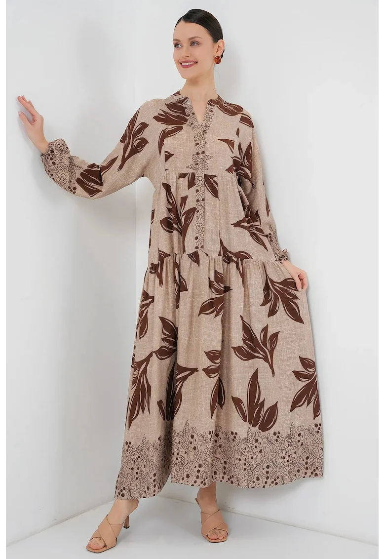 Rochie maxi  decolteu in V, imprimata, bej natural, viscoza