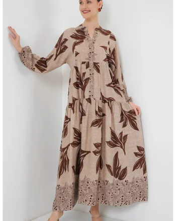 Rochie maxi  decolteu in V, imprimata, bej natural, viscoza