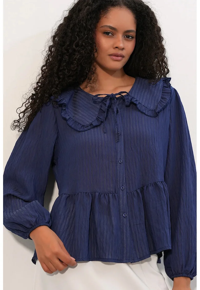 Bluze dama,  bluza cu guler tip bebelus, volanase, albastru marin, amestec de viscoza