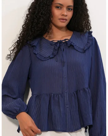Bluze dama,  bluza cu guler tip bebelus, volanase, albastru marin, amestec de viscoza