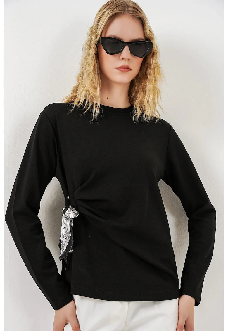 Bluze dama,  Bluza cu maneca lunga, detalii cu snur, negru, viscoza/poliester/elastan