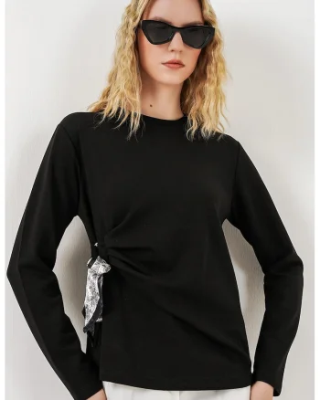 Bluze dama,  Bluza cu maneca lunga, detalii cu snur, negru, viscoza/poliester/elastan