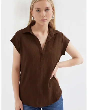 Bluze dama,  Bluza Polo fara maneci, lejer, maro cafea, poliester-lycra