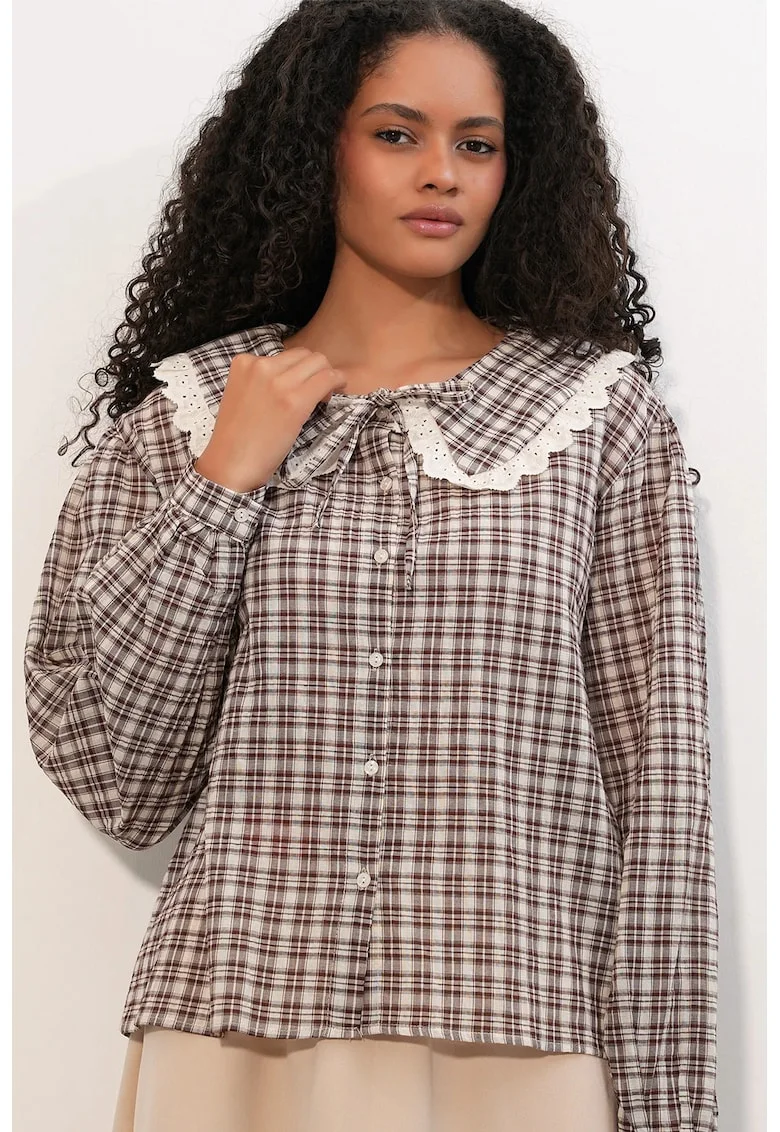 Camasi,  camasa din poplin de viscoza cu carouri, multicolor, maneci lungi, detalii cu snur