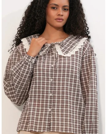 Camasi,  camasa din poplin de viscoza cu carouri, multicolor, maneci lungi, detalii cu snur