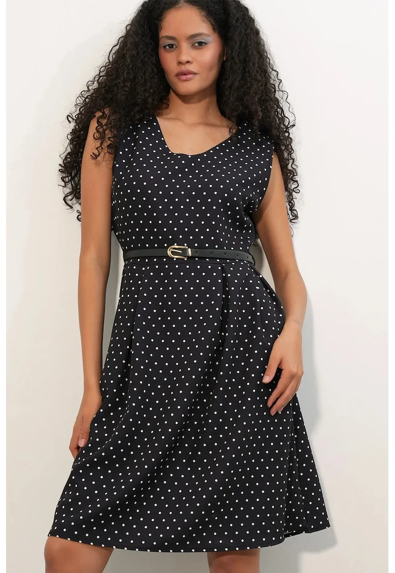 Rochie Midi  cu curea, buline, negru, poliester-elastan