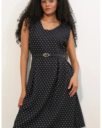 Rochie Midi  cu curea, buline, negru, poliester-elastan