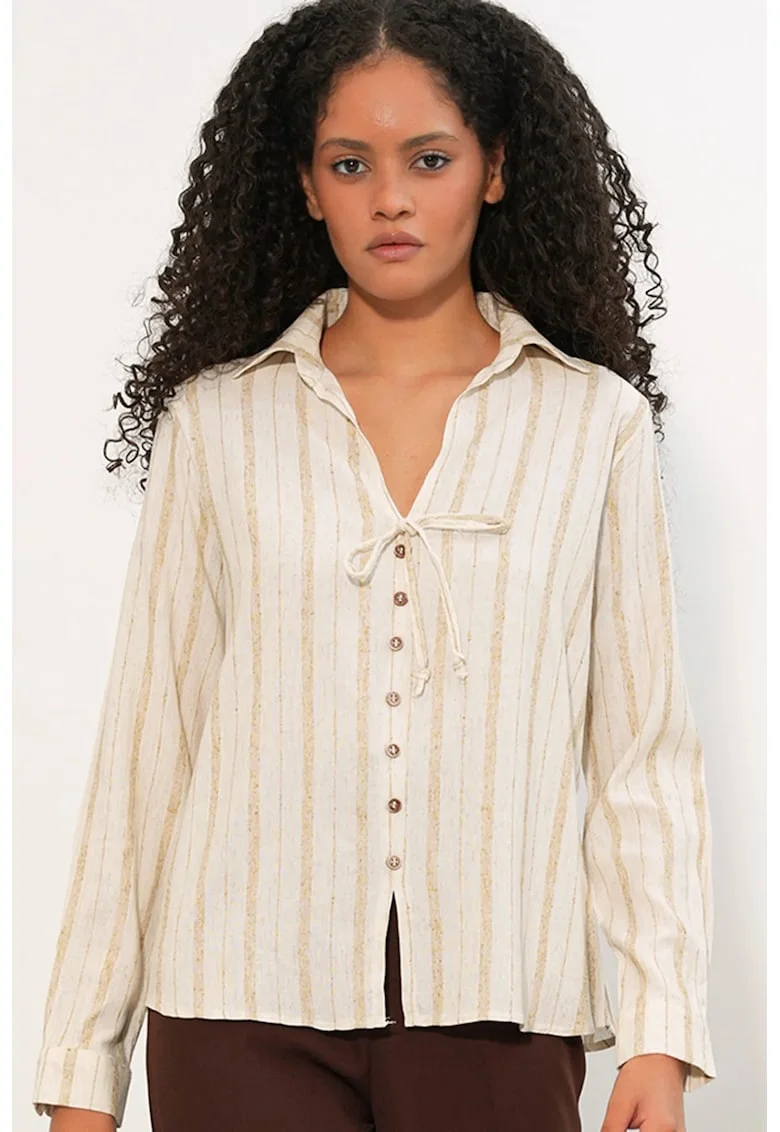 Camasi dama,  camasa din amestec de in cu dungi, crem natural, casual