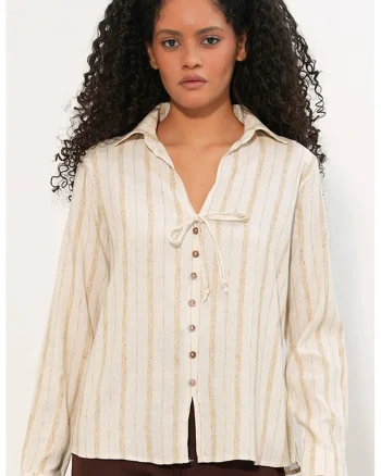 Camasi dama,  camasa din amestec de in cu dungi, crem natural, casual